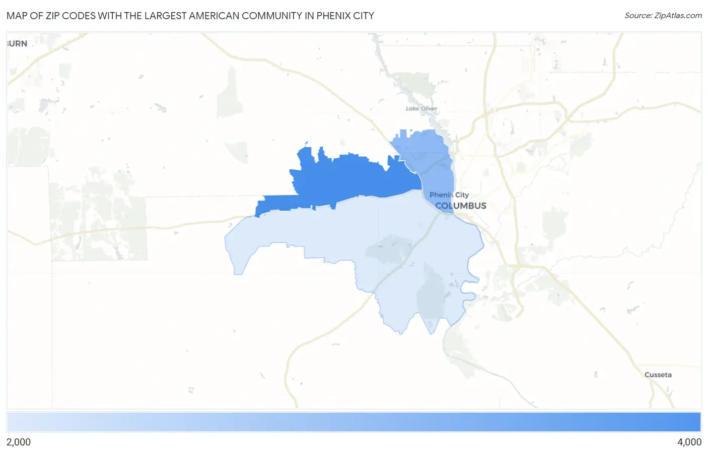 Zip Codes with the Largest American Community in Phenix City Map