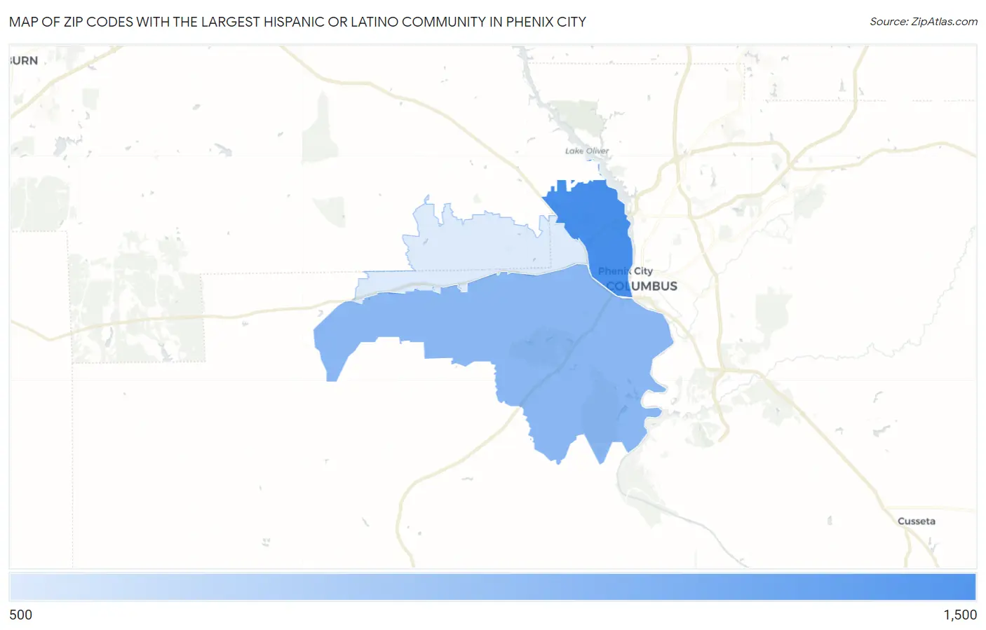 Zip Codes with the Largest Hispanic or Latino Community in Phenix City Map