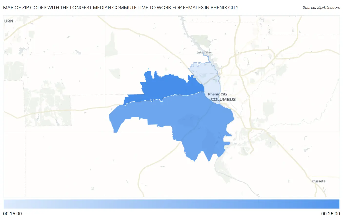 Zip Codes with the Longest Median Commute Time to Work for Females in Phenix City Map