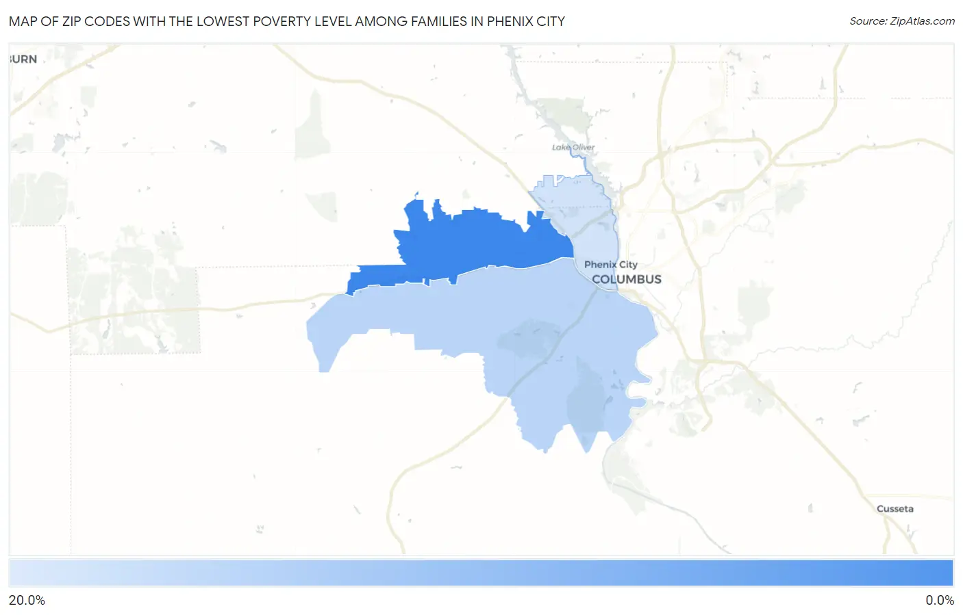 Zip Codes with the Lowest Poverty Level Among Families in Phenix City Map