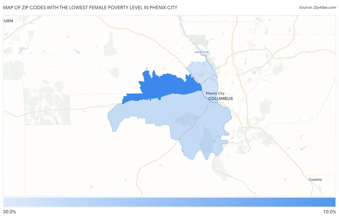 Zip Codes with the Lowest Female Poverty Level in Phenix City Map