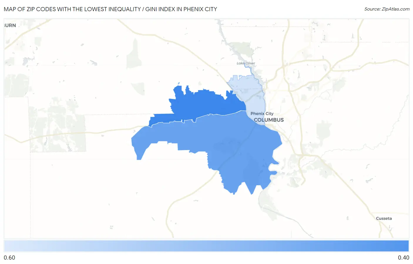 Zip Codes with the Lowest Inequality / Gini Index in Phenix City Map