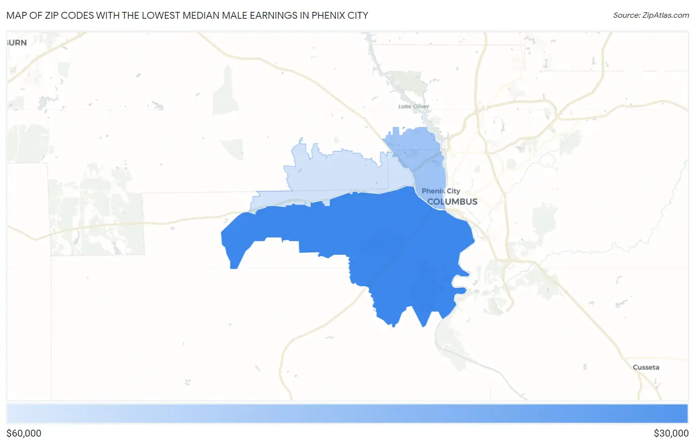 Zip Codes with the Lowest Median Male Earnings in Phenix City Map