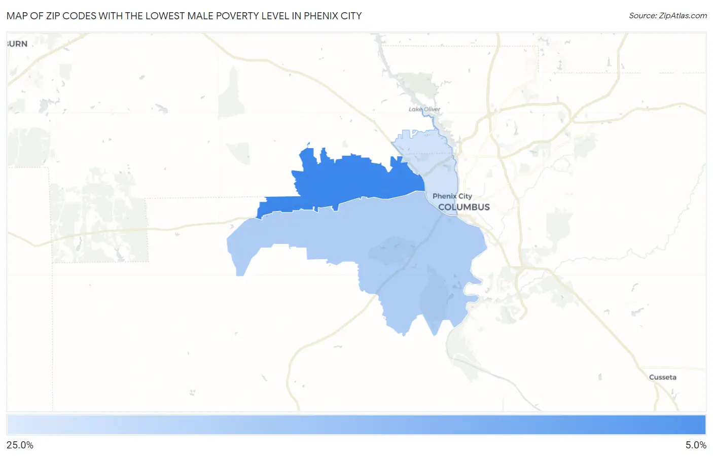 Zip Codes with the Lowest Male Poverty Level in Phenix City Map