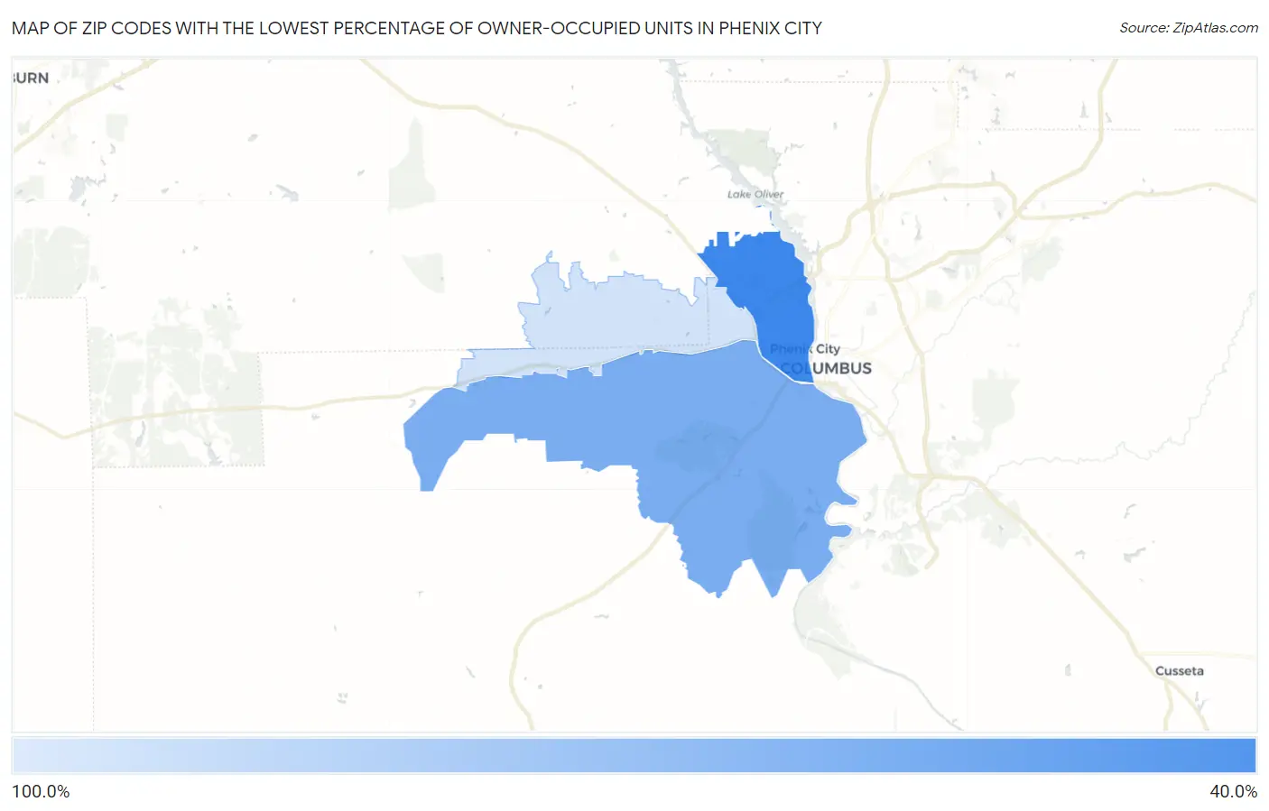 Zip Codes with the Lowest Percentage of Owner-Occupied Units in Phenix City Map