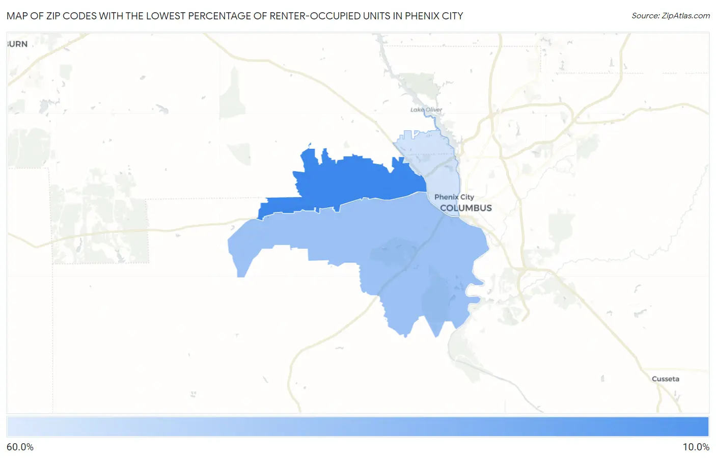 Zip Codes with the Lowest Percentage of Renter-Occupied Units in Phenix City Map