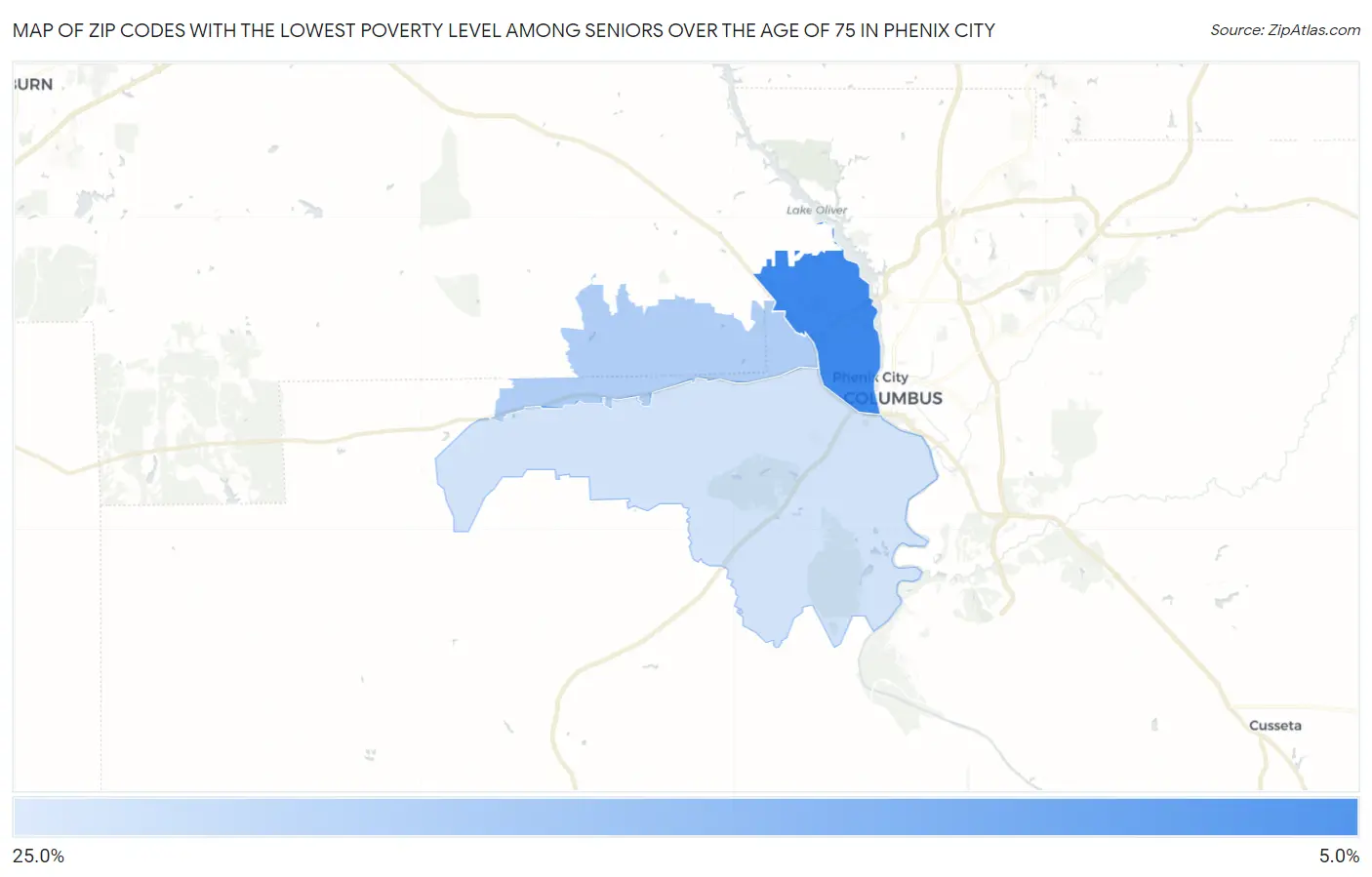 Zip Codes with the Lowest Poverty Level Among Seniors Over the Age of 75 in Phenix City Map
