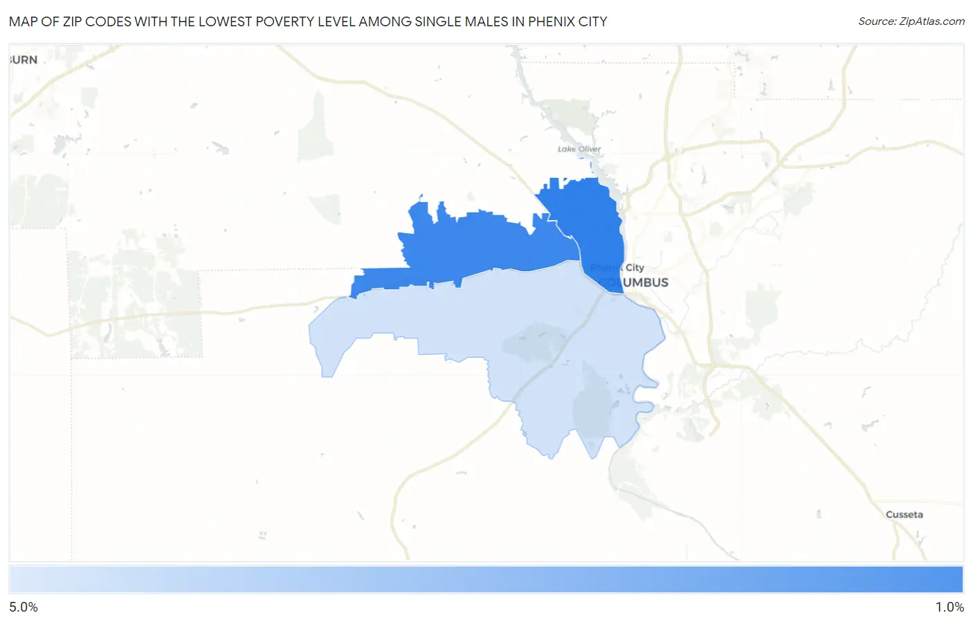 Zip Codes with the Lowest Poverty Level Among Single Males in Phenix City Map