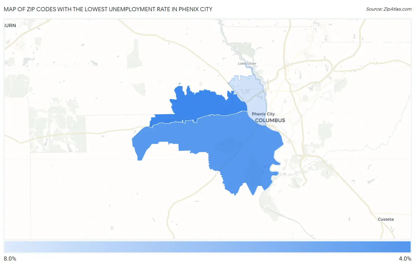 Zip Codes with the Lowest Unemployment Rate in Phenix City Map