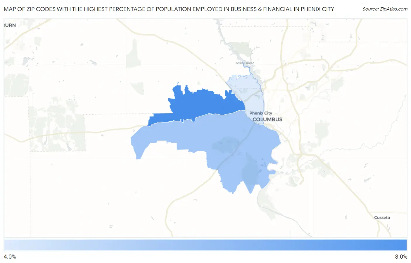 Zip Codes with the Highest Percentage of Population Employed in Business & Financial in Phenix City Map