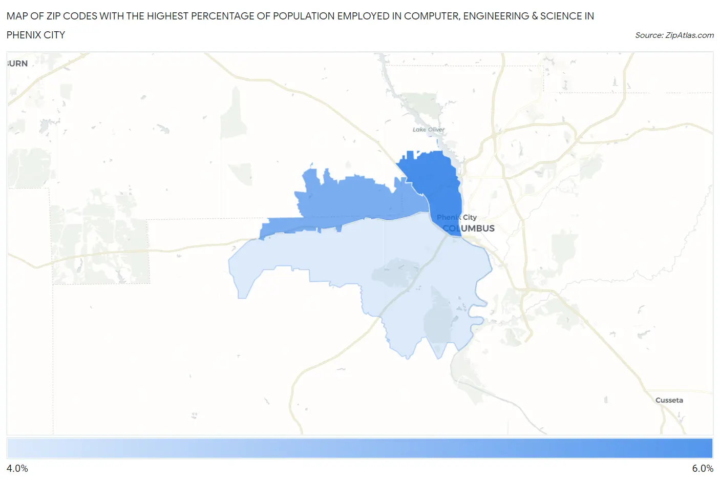 Zip Codes with the Highest Percentage of Population Employed in Computer, Engineering & Science in Phenix City Map