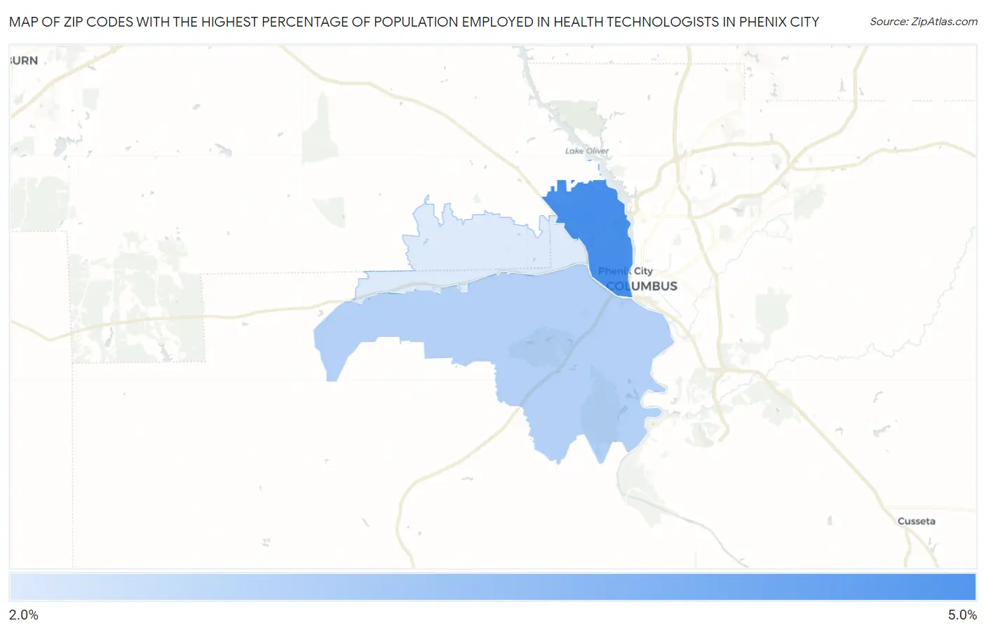 Zip Codes with the Highest Percentage of Population Employed in Health Technologists in Phenix City Map