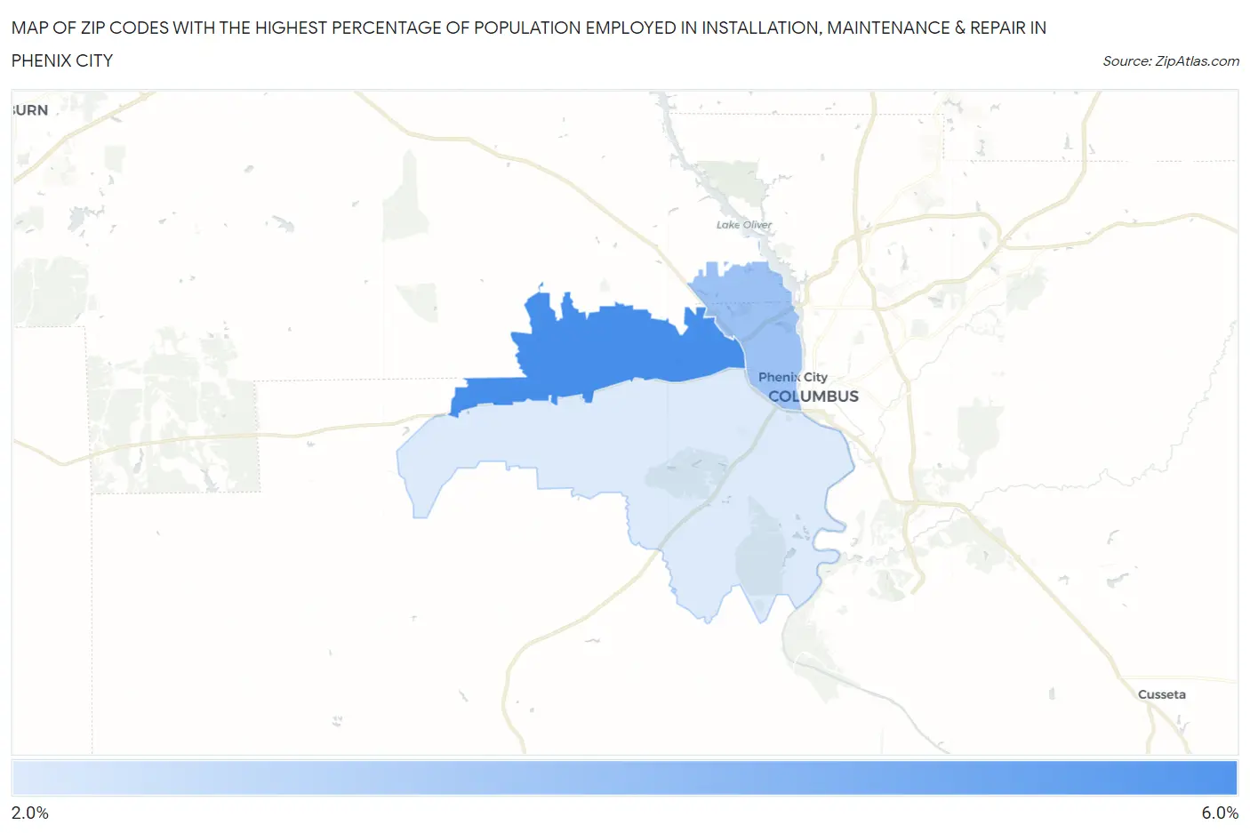 Zip Codes with the Highest Percentage of Population Employed in Installation, Maintenance & Repair in Phenix City Map