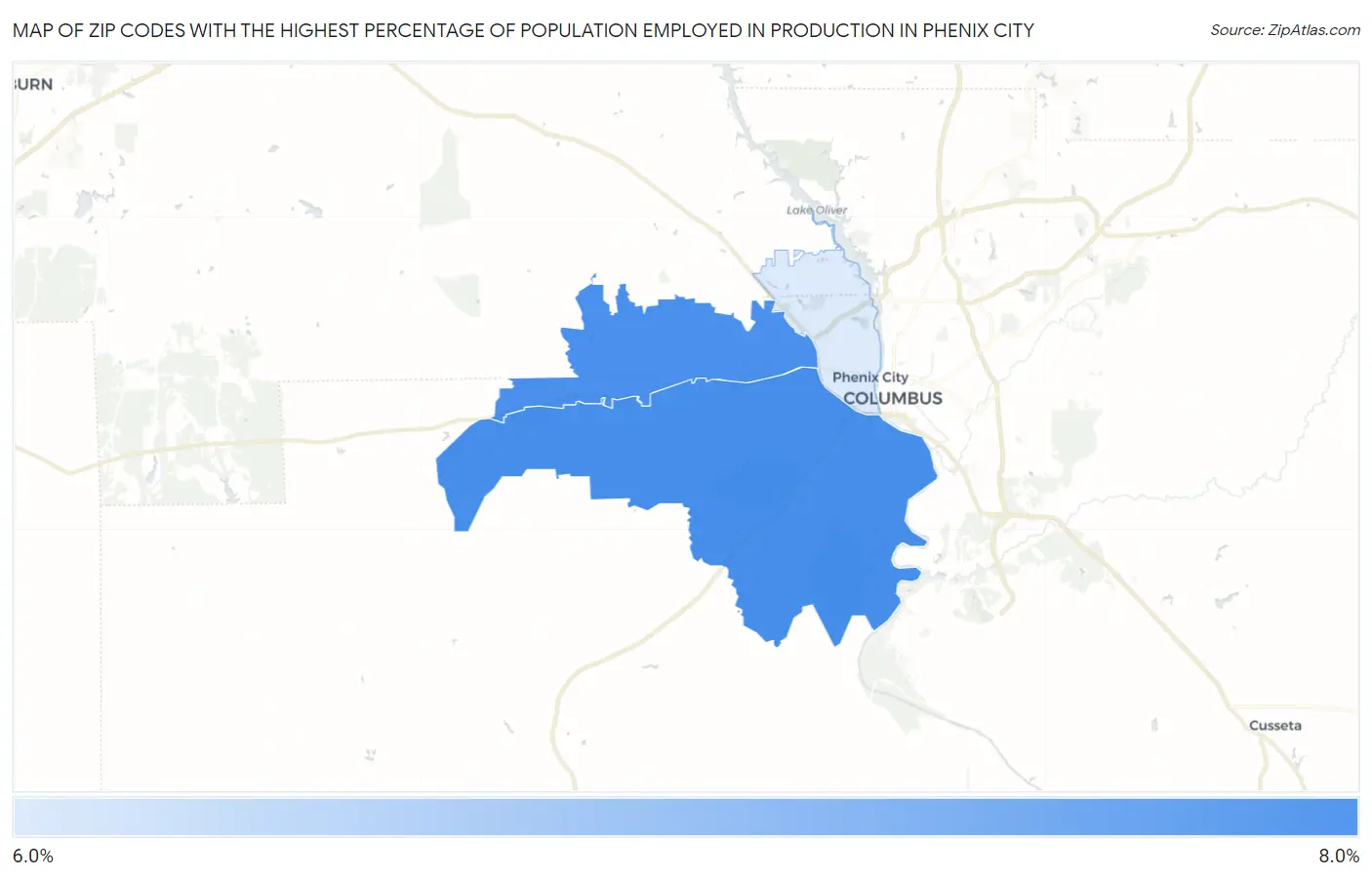 Zip Codes with the Highest Percentage of Population Employed in Production in Phenix City Map