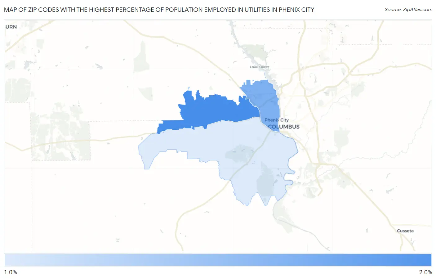Zip Codes with the Highest Percentage of Population Employed in Utilities in Phenix City Map