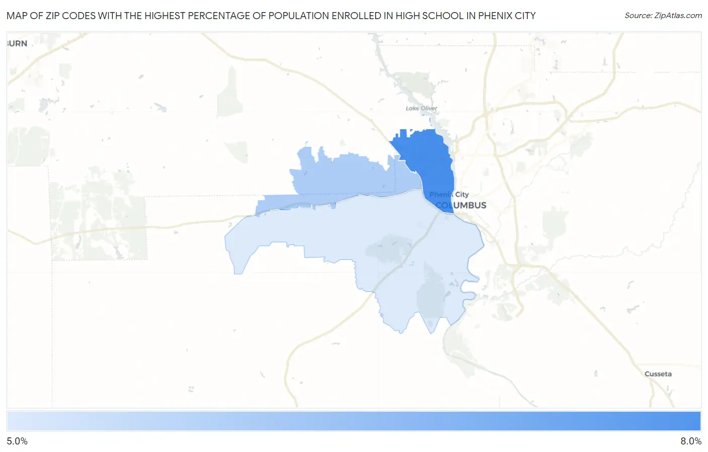 Zip Codes with the Highest Percentage of Population Enrolled in High School in Phenix City Map