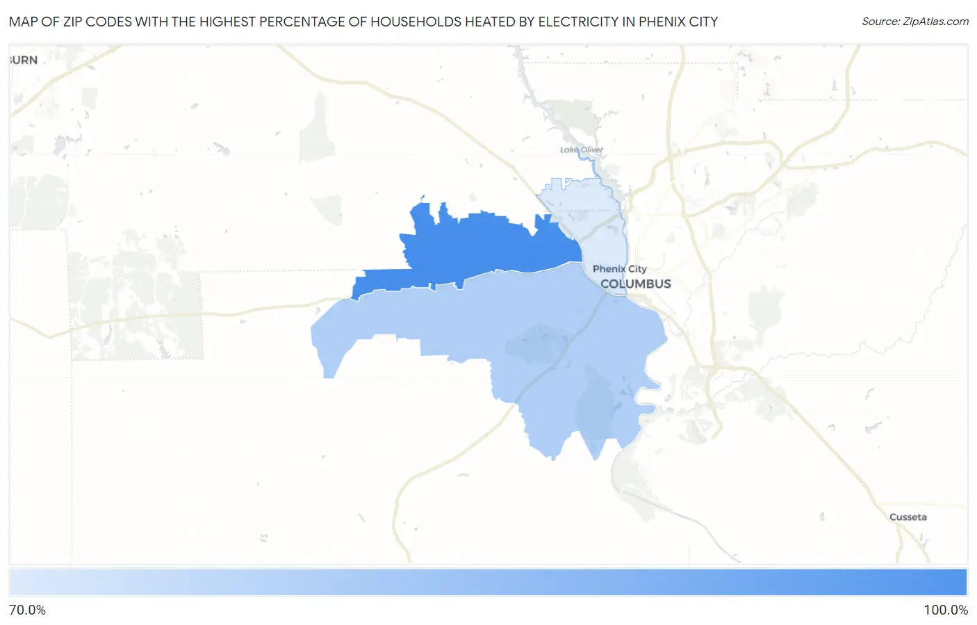 Zip Codes with the Highest Percentage of Households Heated by Electricity in Phenix City Map
