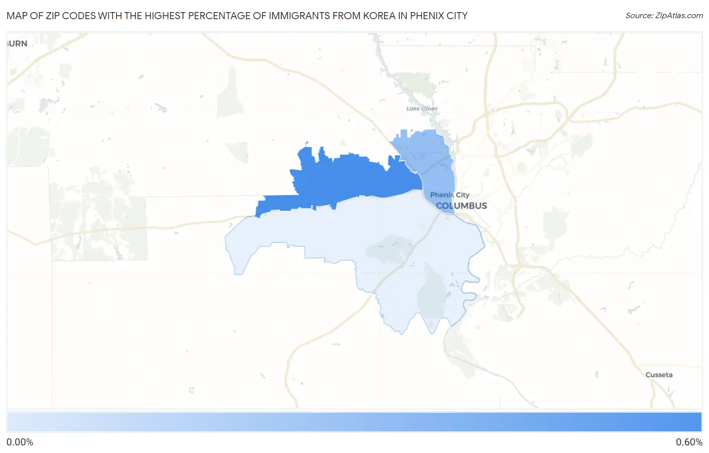 Zip Codes with the Highest Percentage of Immigrants from Korea in Phenix City Map