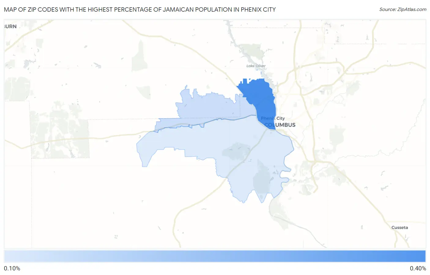 Zip Codes with the Highest Percentage of Jamaican Population in Phenix City Map
