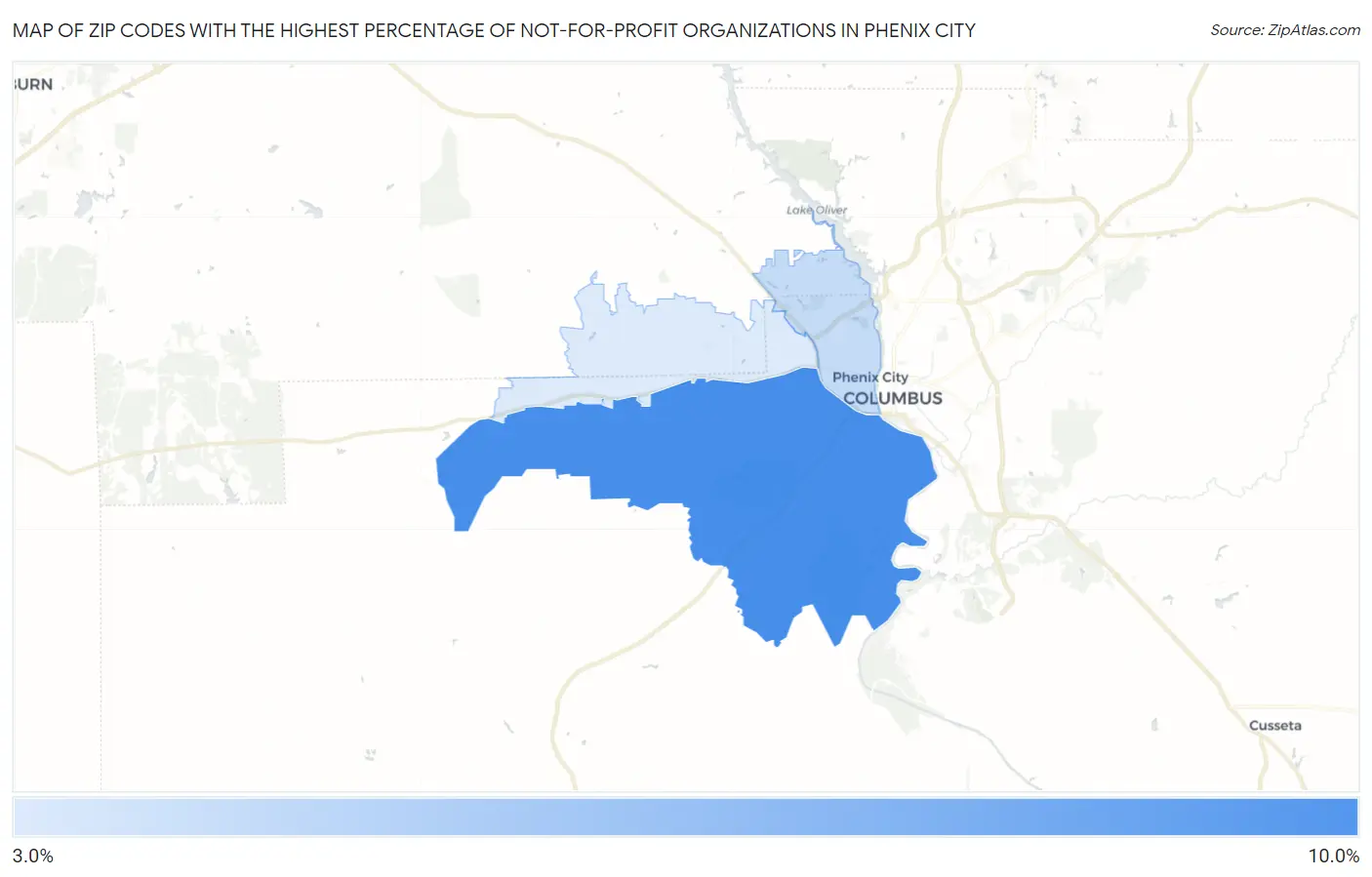 Zip Codes with the Highest Percentage of Not-for-profit Organizations in Phenix City Map