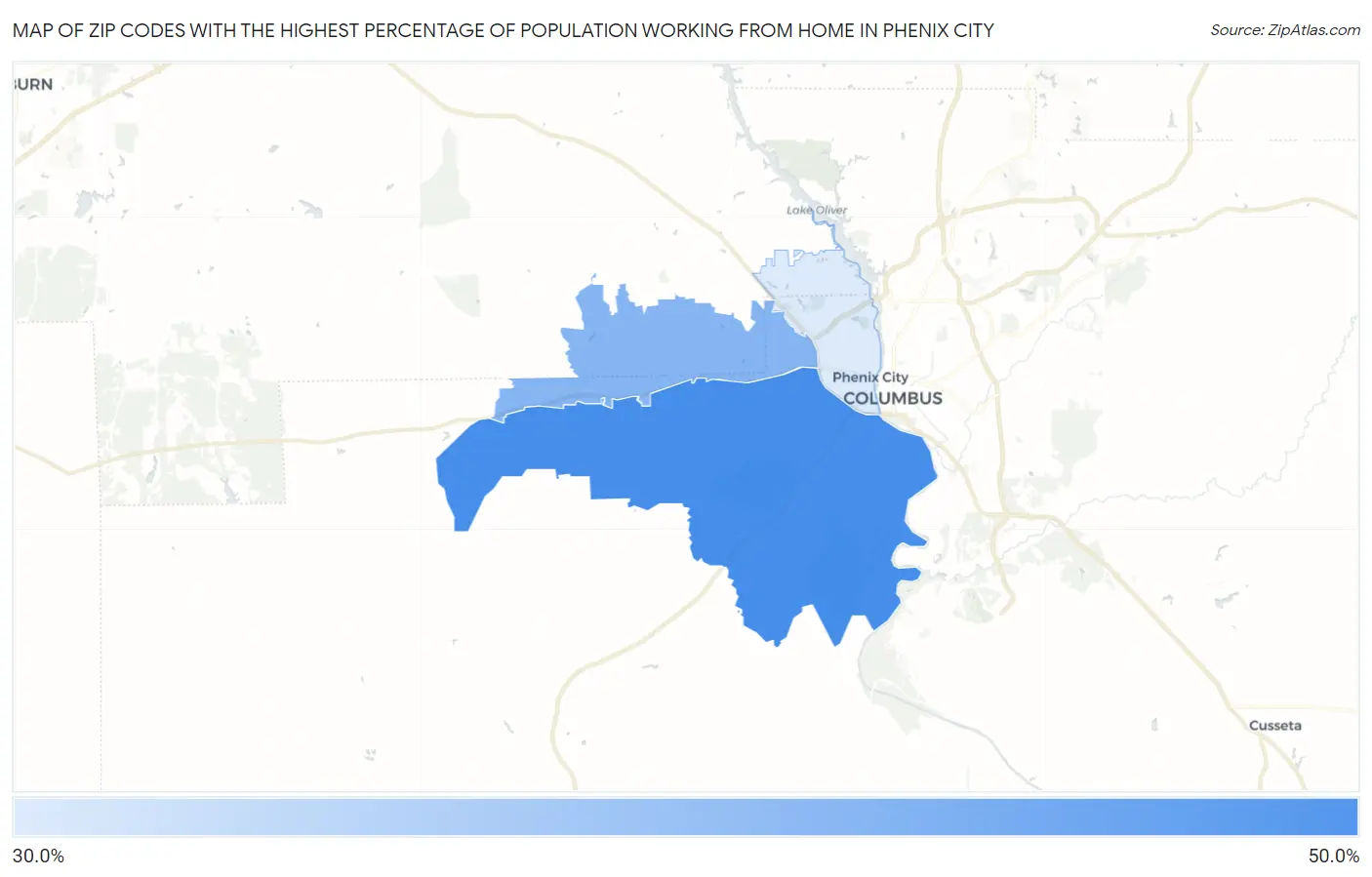 Zip Codes with the Highest Percentage of Population Working from Home in Phenix City Map