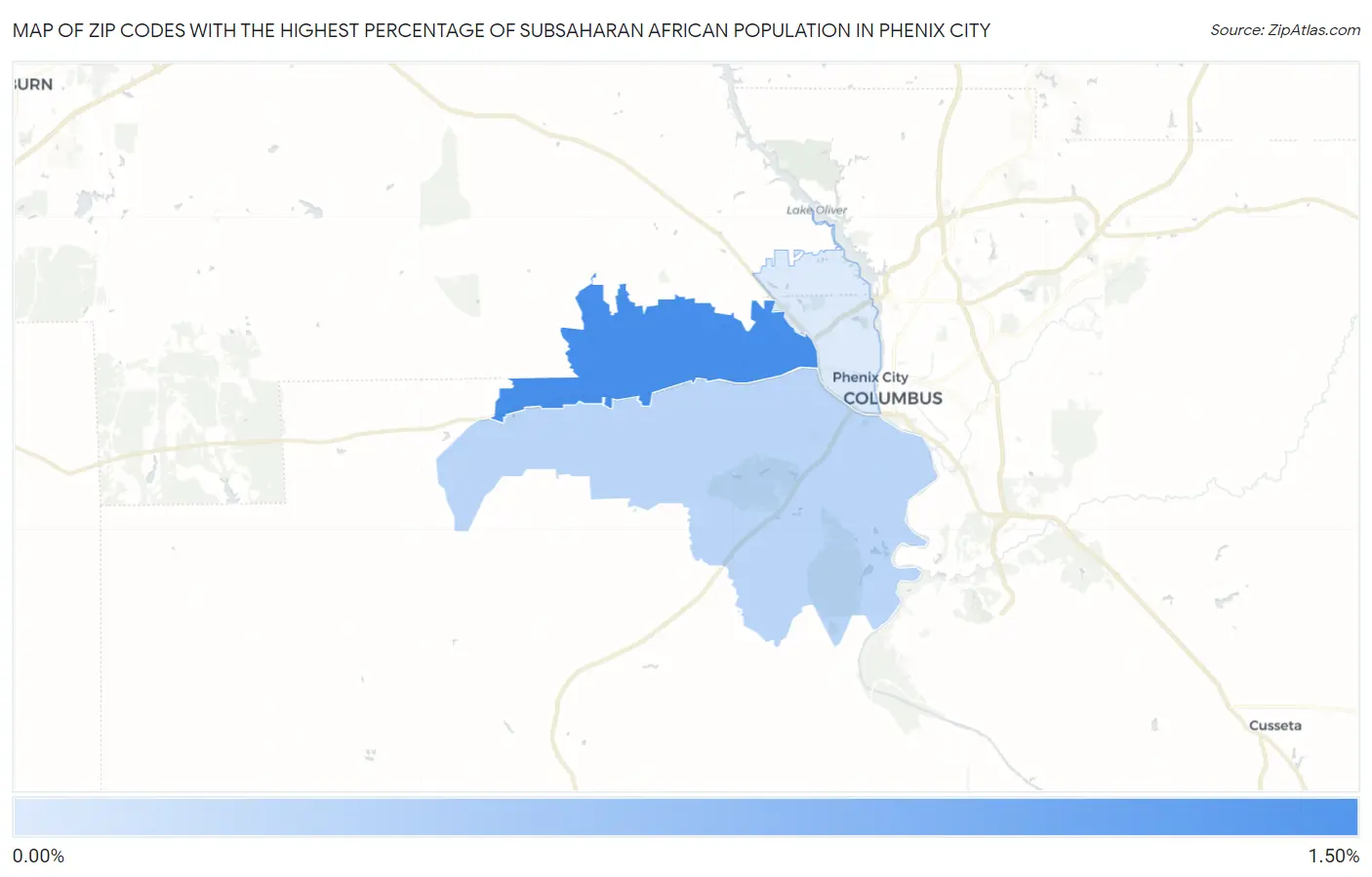 Zip Codes with the Highest Percentage of Subsaharan African Population in Phenix City Map