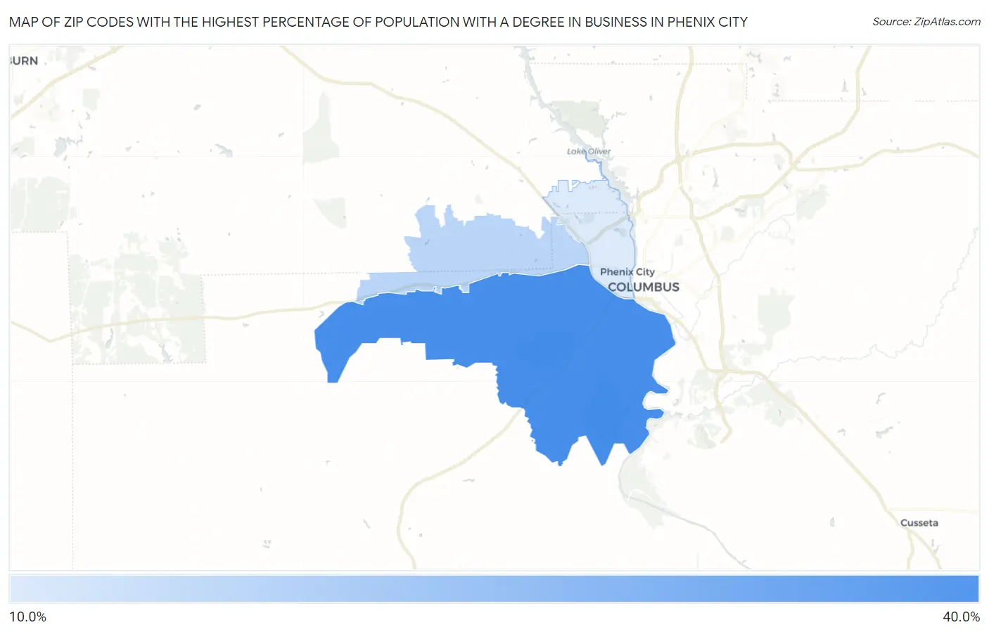 Zip Codes with the Highest Percentage of Population with a Degree in Business in Phenix City Map