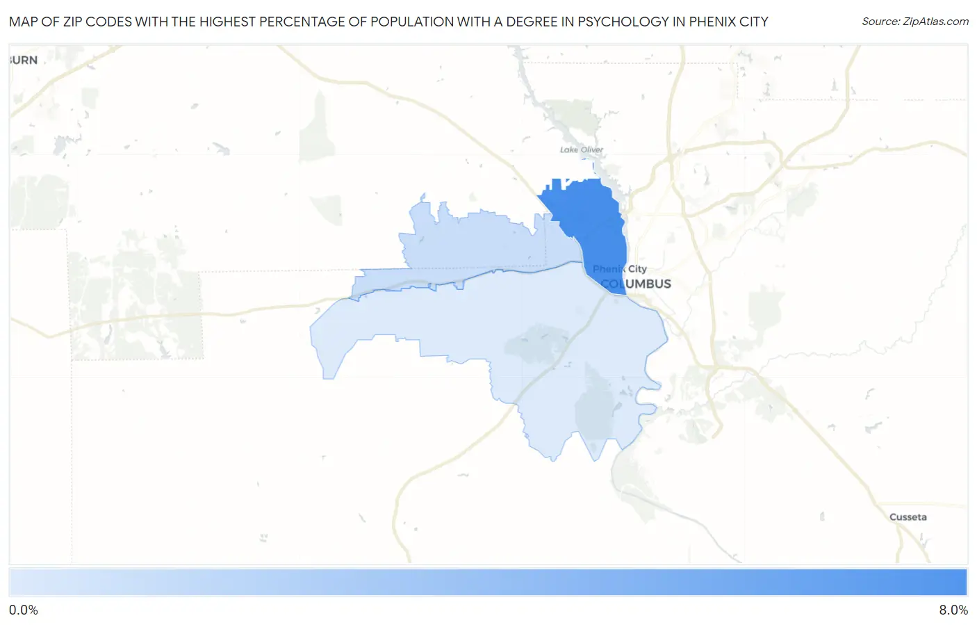 Zip Codes with the Highest Percentage of Population with a Degree in Psychology in Phenix City Map