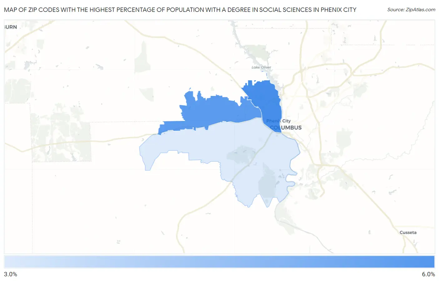 Zip Codes with the Highest Percentage of Population with a Degree in Social Sciences in Phenix City Map