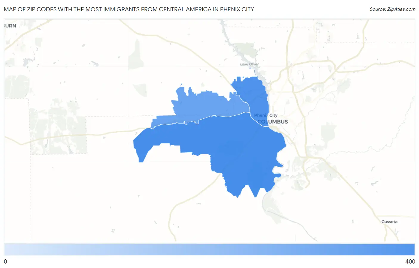 Zip Codes with the Most Immigrants from Central America in Phenix City Map
