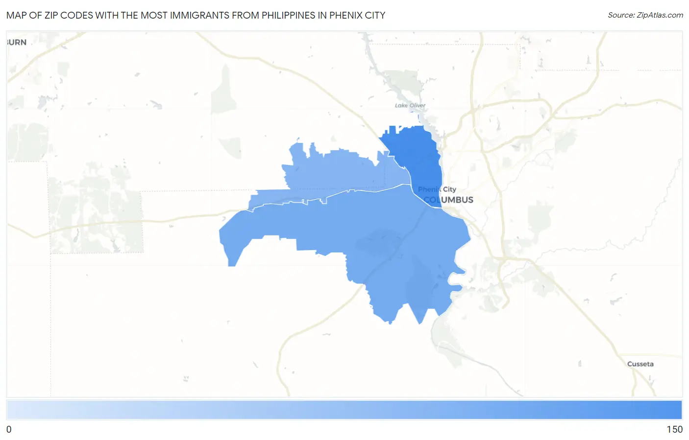 Zip Codes with the Most Immigrants from Philippines in Phenix City Map