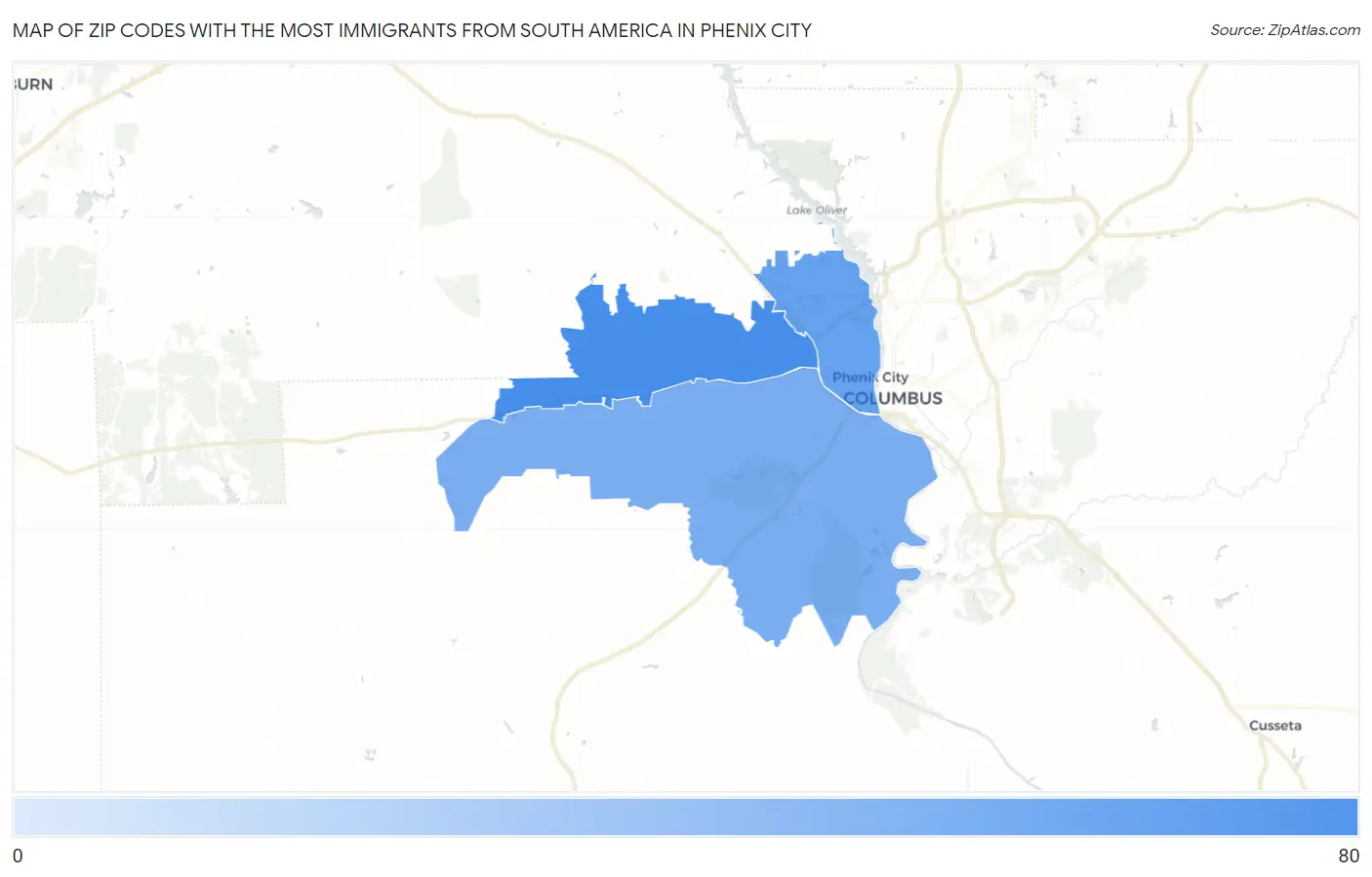 Zip Codes with the Most Immigrants from South America in Phenix City Map