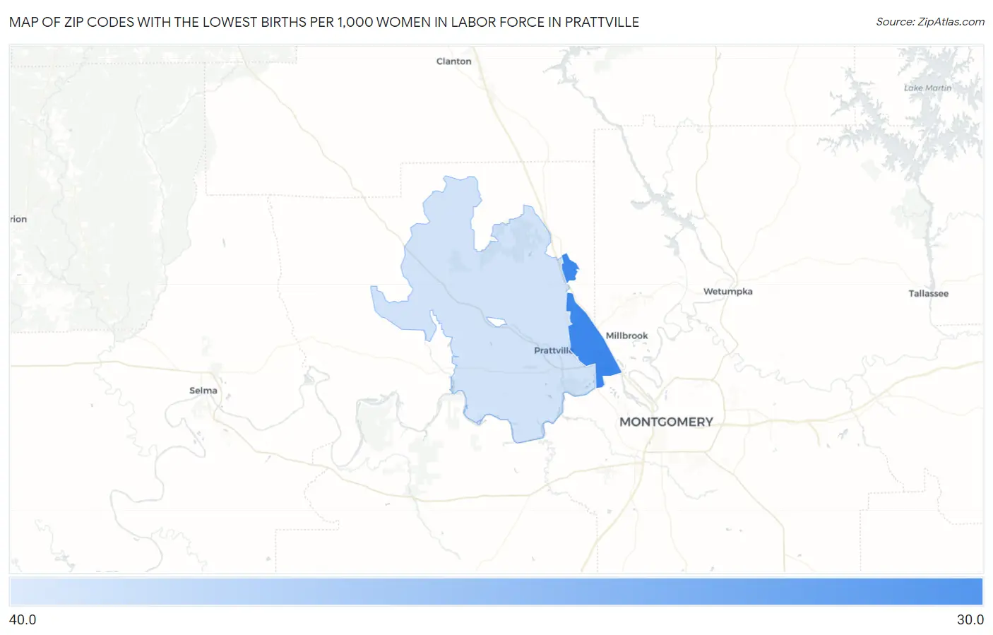 Zip Codes with the Lowest Births per 1,000 Women in Labor Force in Prattville Map