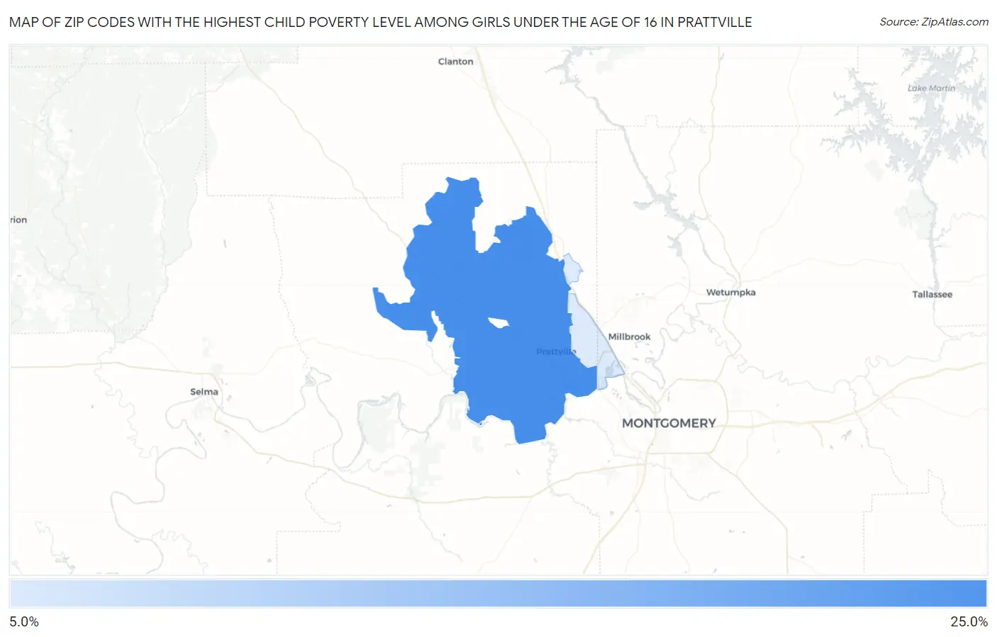 Zip Codes with the Highest Child Poverty Level Among Girls Under the Age of 16 in Prattville Map