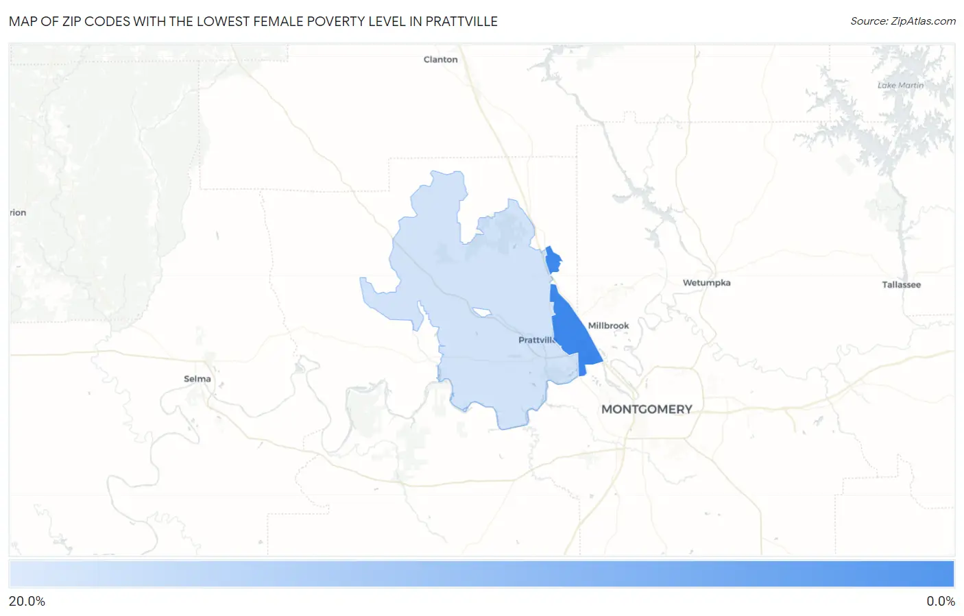 Zip Codes with the Lowest Female Poverty Level in Prattville Map