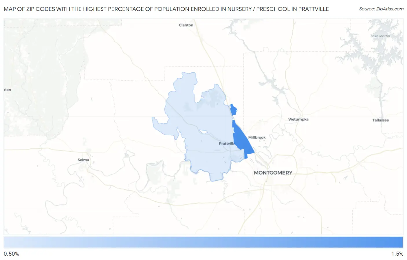 Zip Codes with the Highest Percentage of Population Enrolled in Nursery / Preschool in Prattville Map