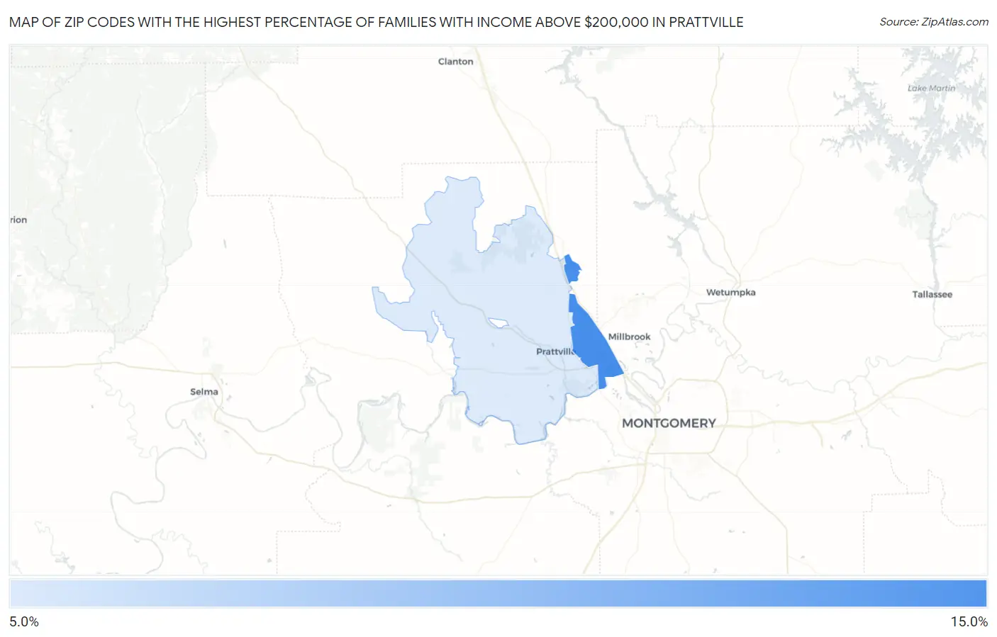 Zip Codes with the Highest Percentage of Families with Income Above $200,000 in Prattville Map