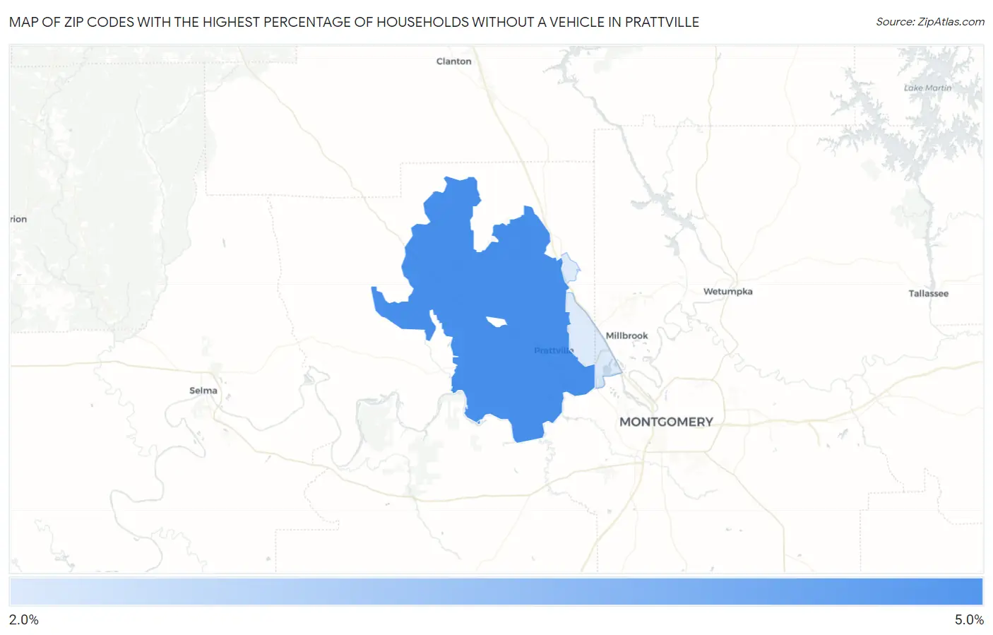 Zip Codes with the Highest Percentage of Households Without a Vehicle in Prattville Map