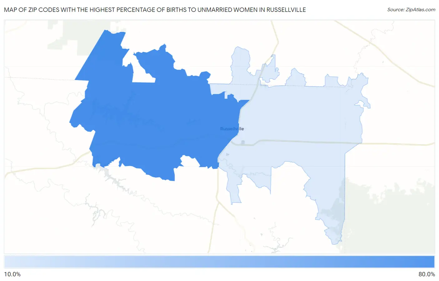 Zip Codes with the Highest Percentage of Births to Unmarried Women in Russellville Map