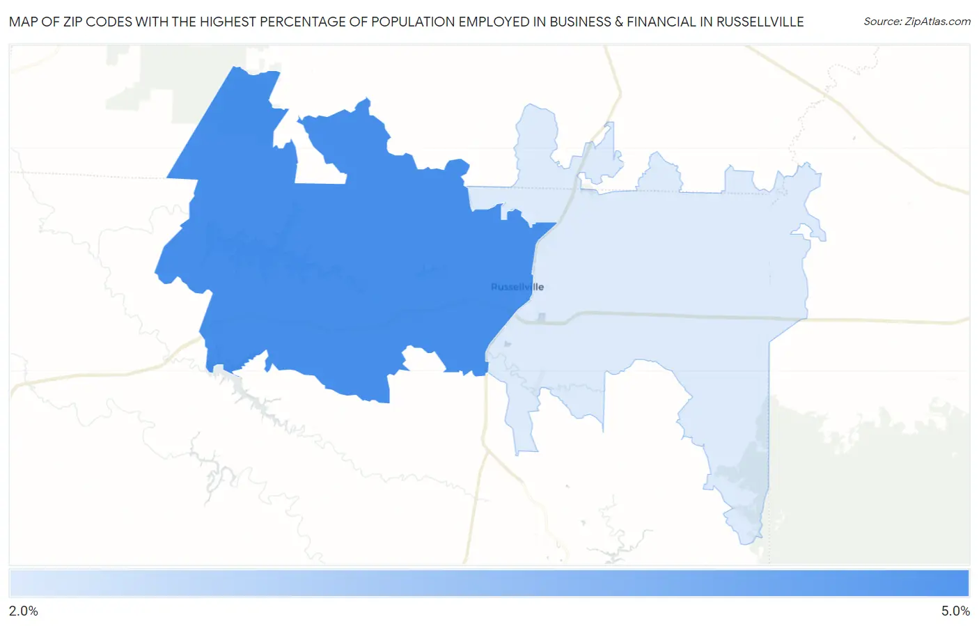 Zip Codes with the Highest Percentage of Population Employed in Business & Financial in Russellville Map