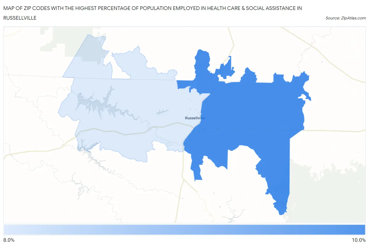 Zip Codes with the Highest Percentage of Population Employed in Health Care & Social Assistance in Russellville Map