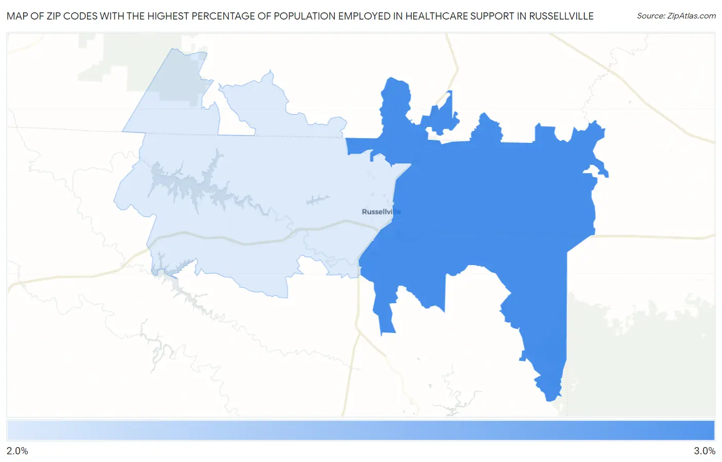 Zip Codes with the Highest Percentage of Population Employed in Healthcare Support in Russellville Map