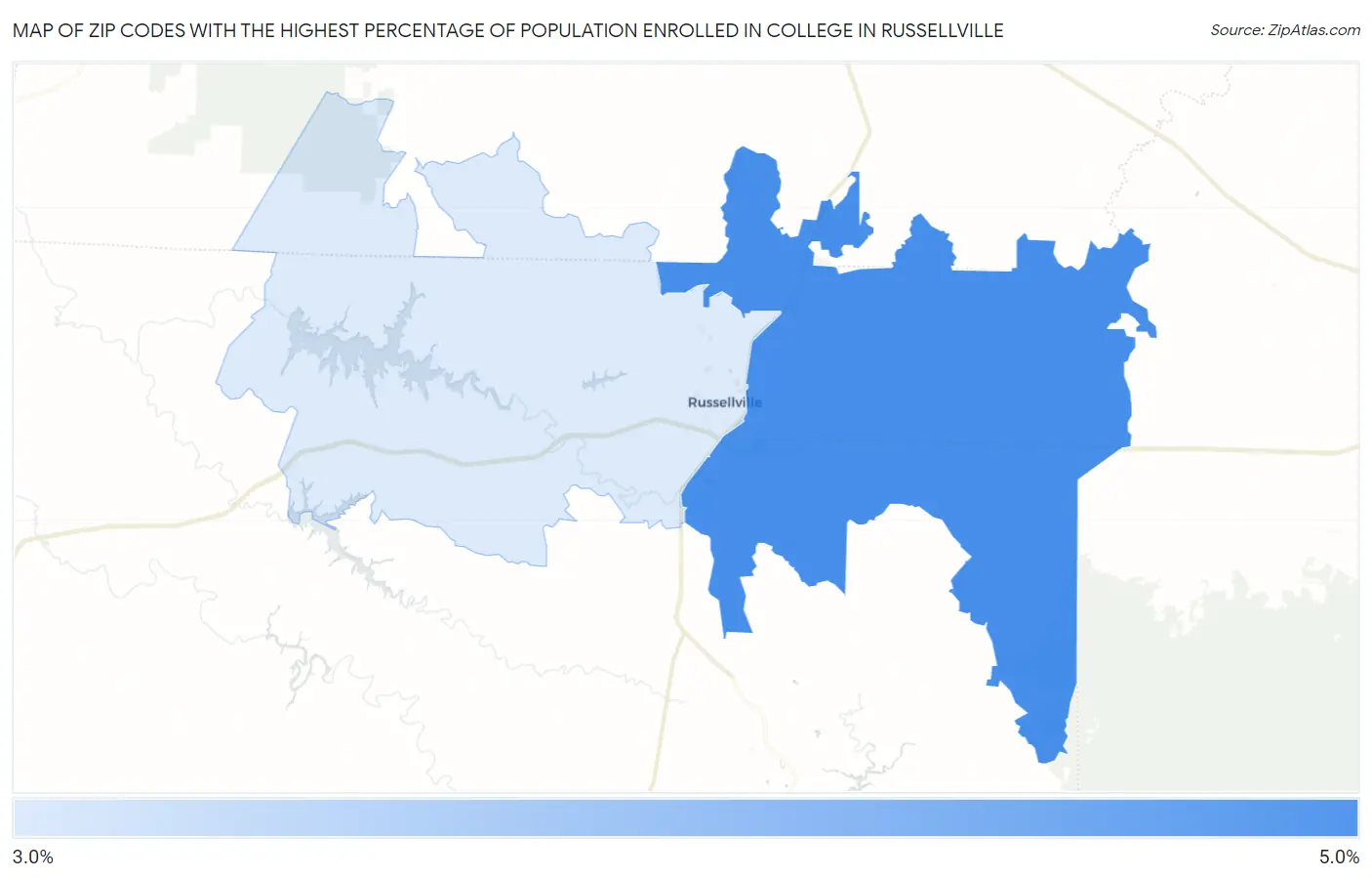 Zip Codes with the Highest Percentage of Population Enrolled in College in Russellville Map