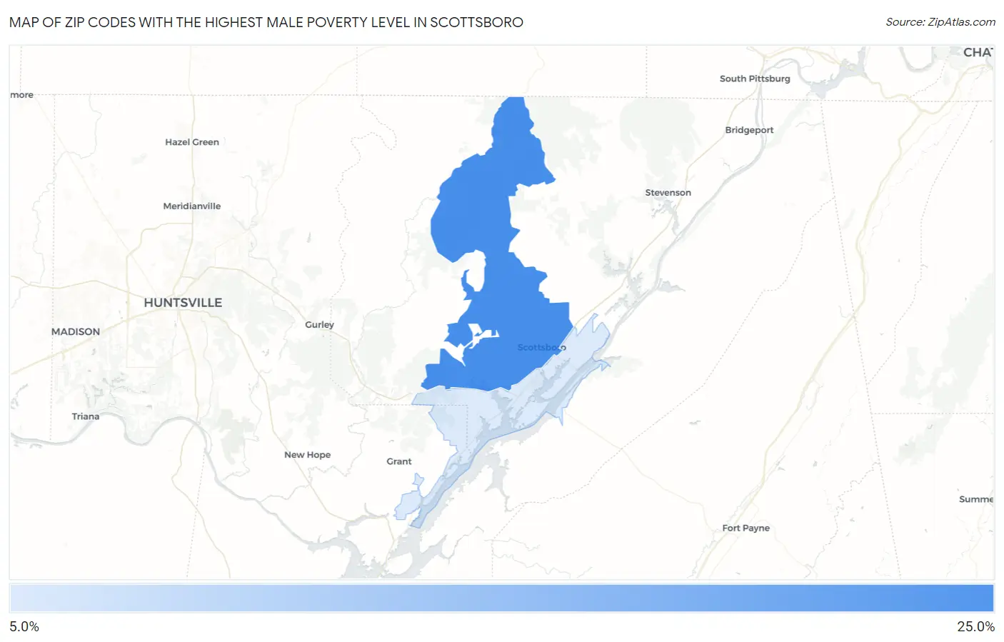 Zip Codes with the Highest Male Poverty Level in Scottsboro Map