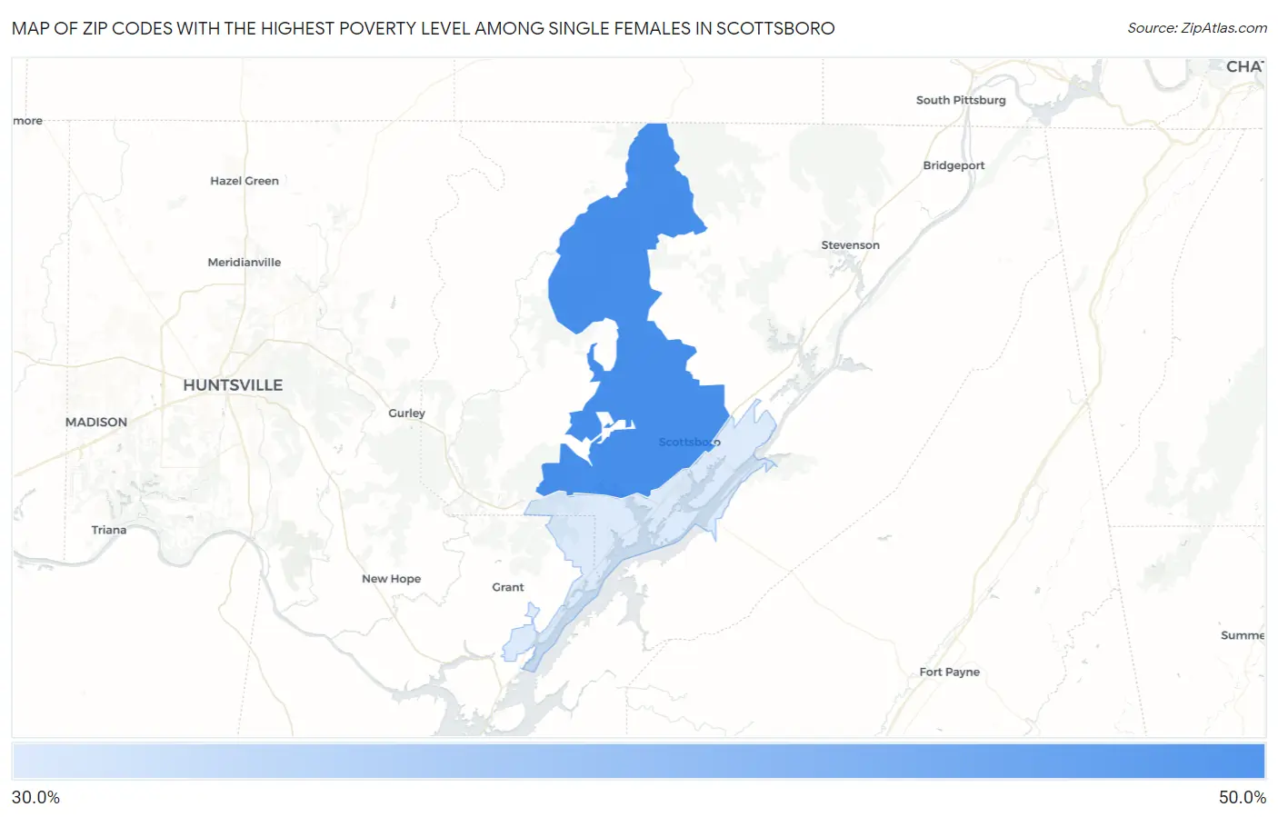 Zip Codes with the Highest Poverty Level Among Single Females in Scottsboro Map