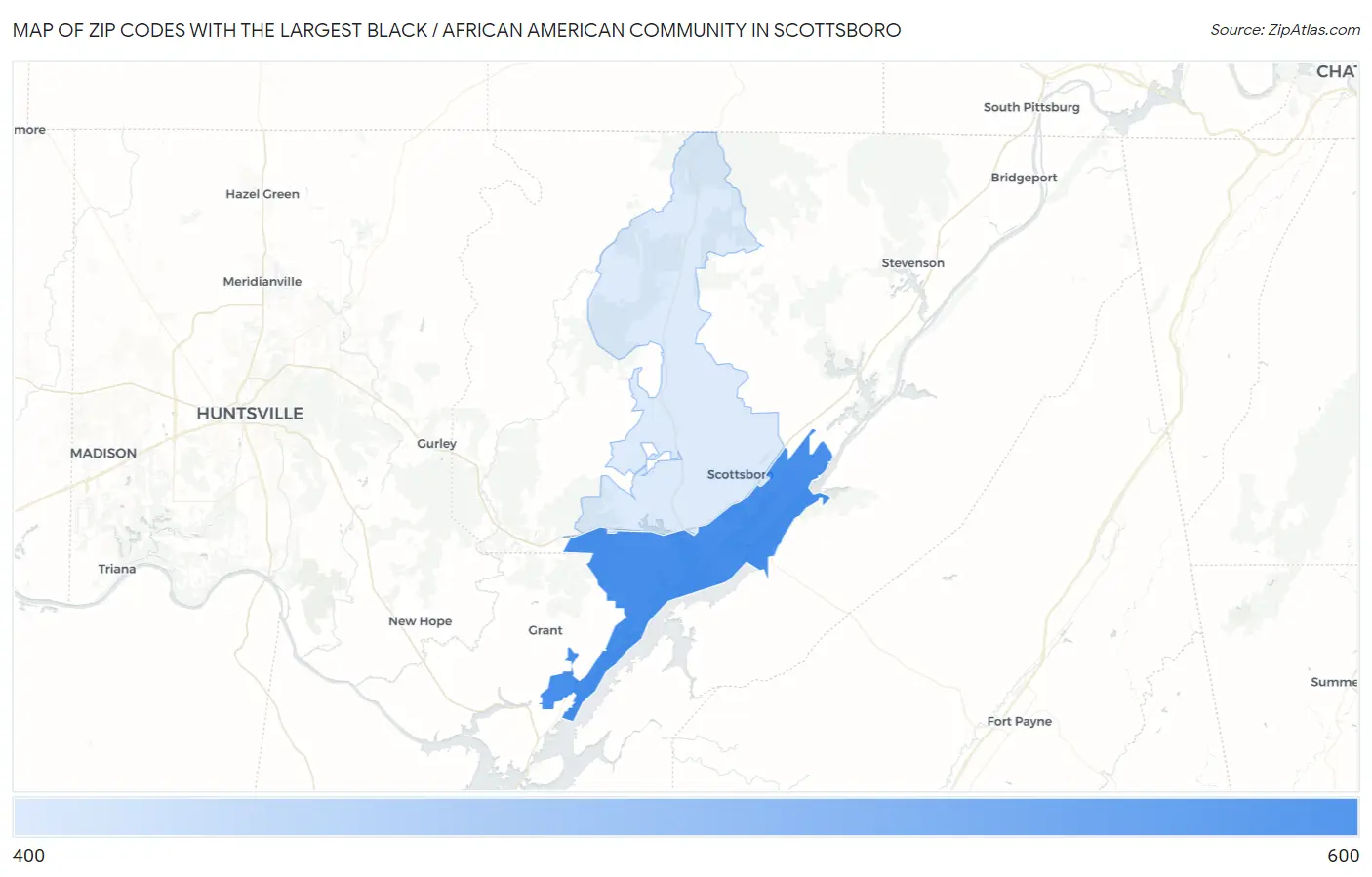 Zip Codes with the Largest Black / African American Community in Scottsboro Map
