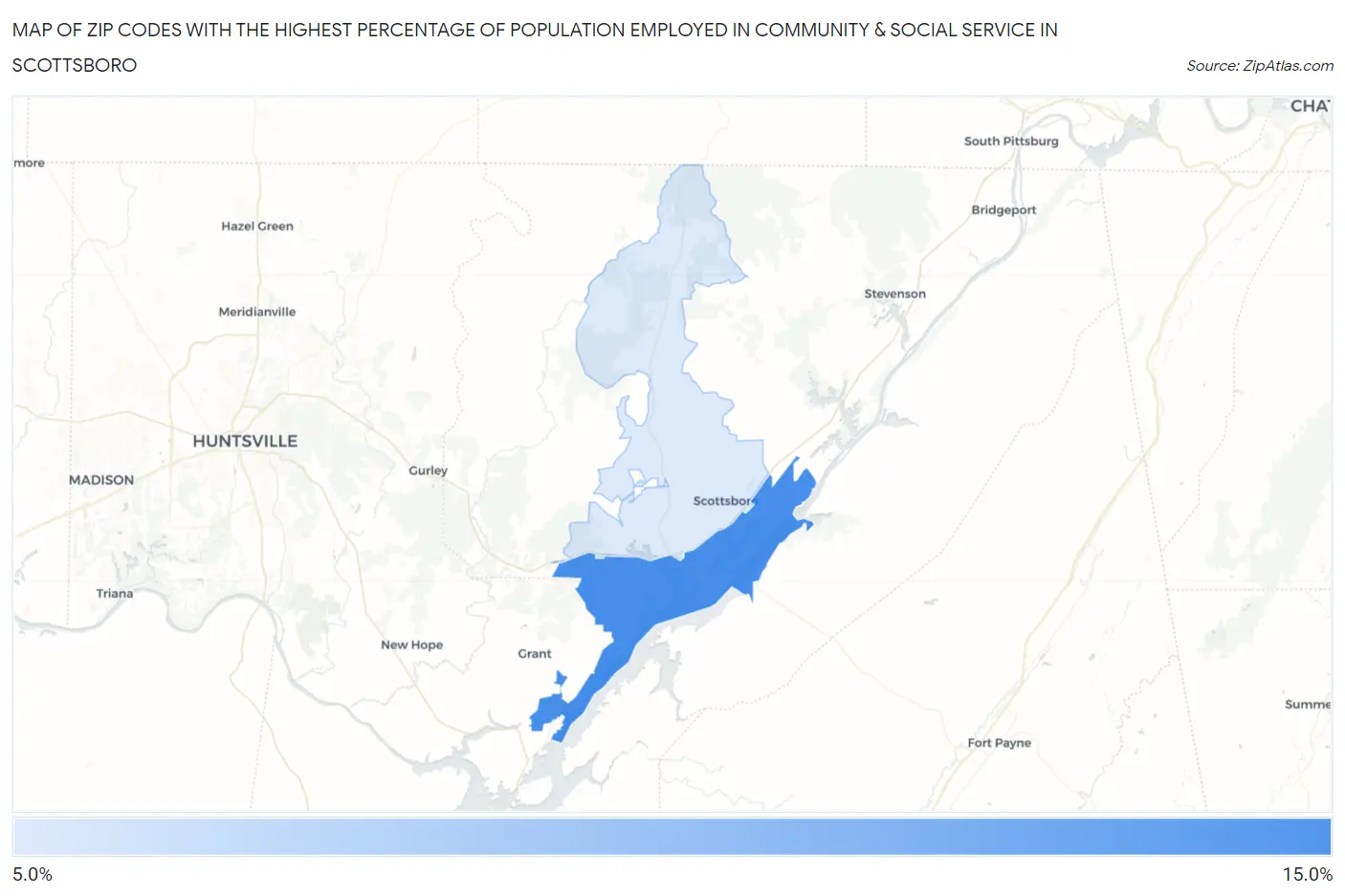 Zip Codes with the Highest Percentage of Population Employed in Community & Social Service  in Scottsboro Map
