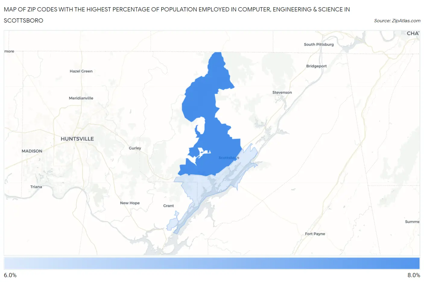 Zip Codes with the Highest Percentage of Population Employed in Computer, Engineering & Science in Scottsboro Map