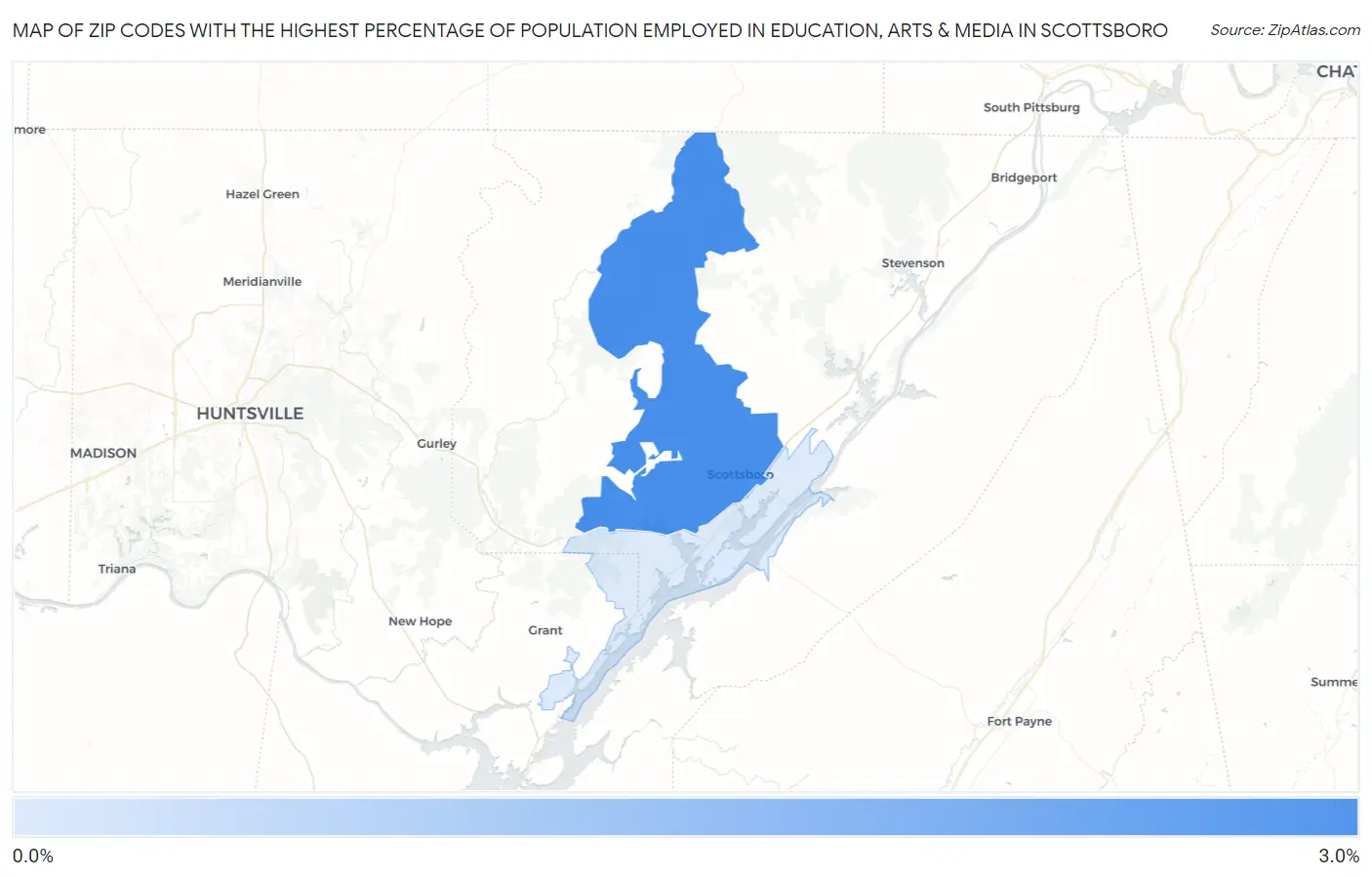 Zip Codes with the Highest Percentage of Population Employed in Education, Arts & Media in Scottsboro Map