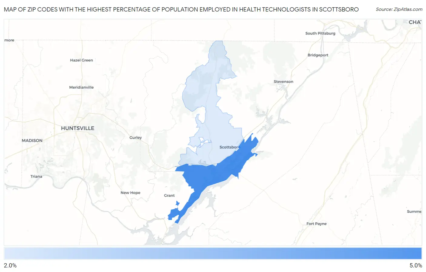 Zip Codes with the Highest Percentage of Population Employed in Health Technologists in Scottsboro Map